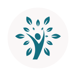 A stylized logo of a person with outstretched arms growing from a tree with leaves