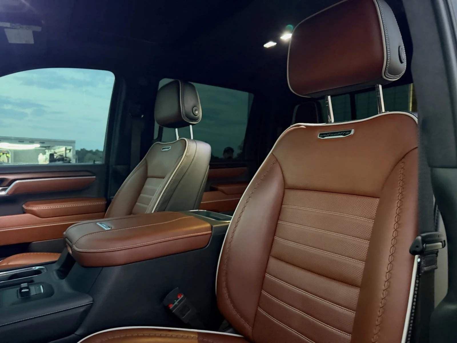 Brown leather truck seats and cabin after an interior detail