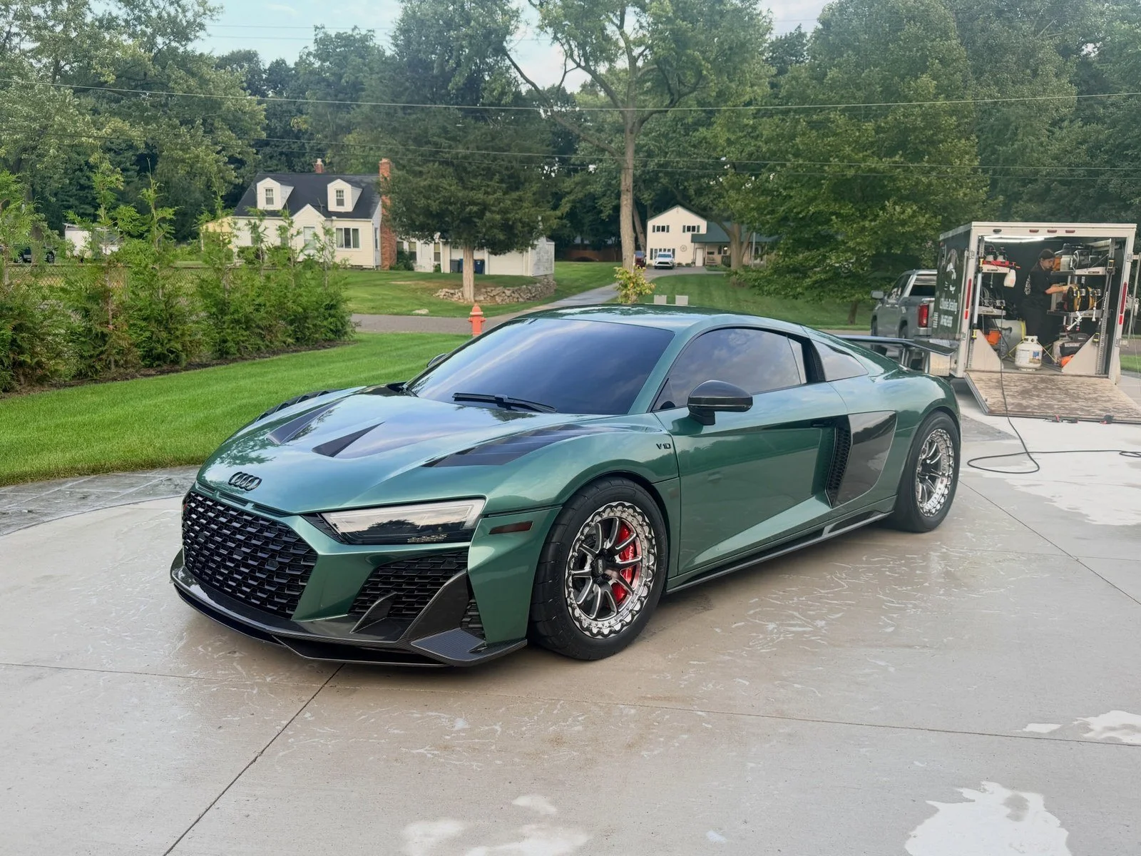 Green Audi R8 after an exterior hand wash and detail