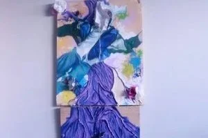 "Root Work",
18.5"x45", 
Acrylic and Oil on Wood, Gesso, Rope, Canvas, Artificial Flower Petals