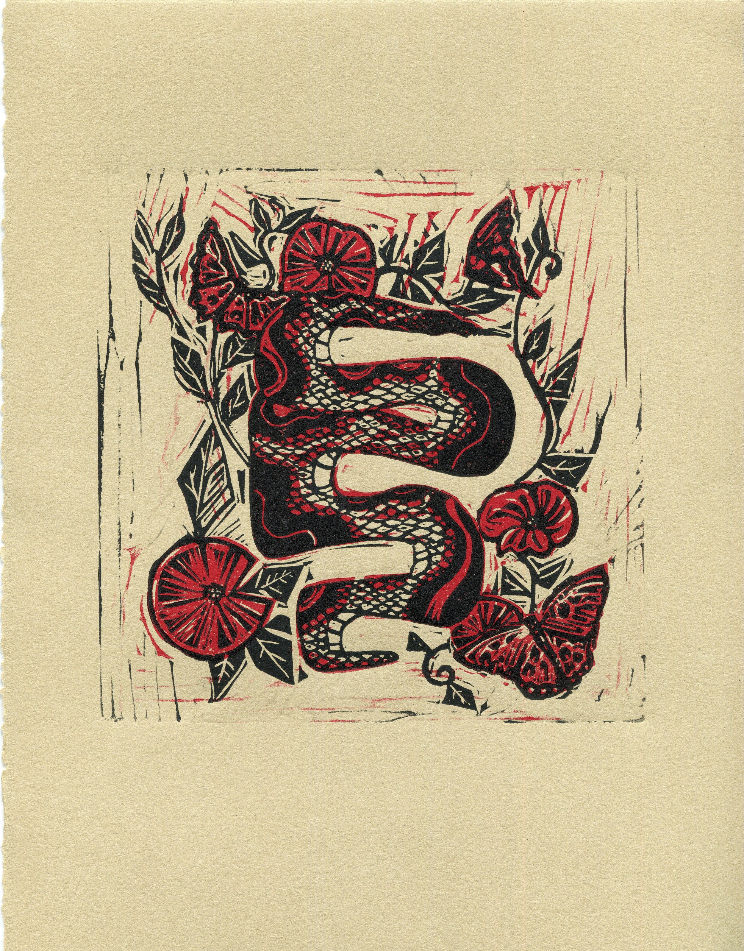 Snake and Poppies Limited edition Linocut