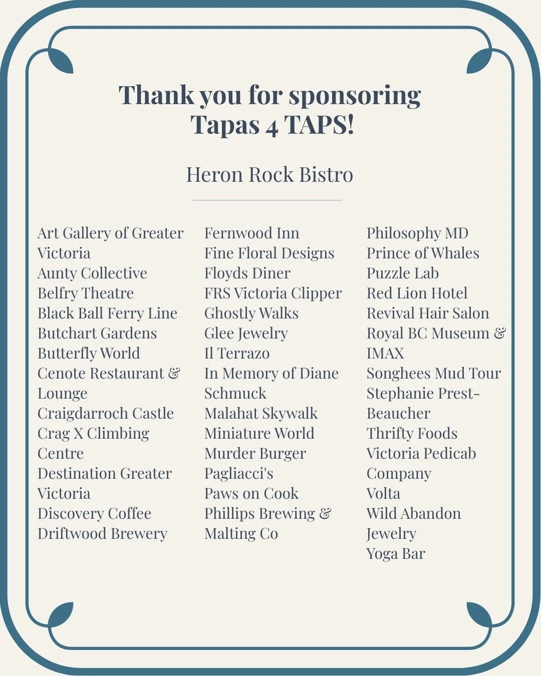 Tapas 4 TAPS 2026 was incredibly successful, made possible by so many incredible local businesses who donated generously to our live and silent auction packages. A particular thank you to @heronrockbistrobc for their outstanding generosity and hospit