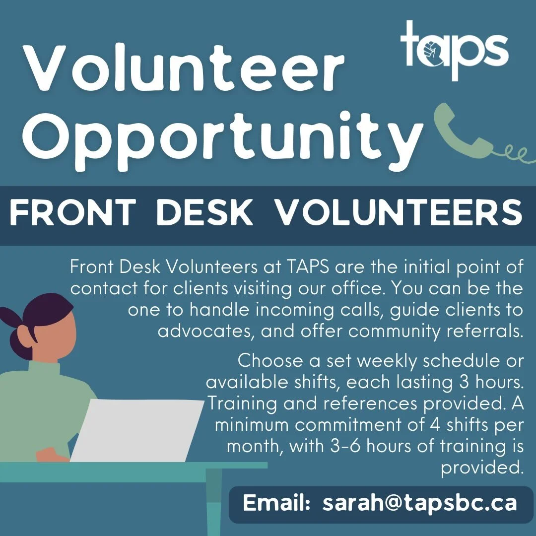 TAPS is looking for more front desk volunteers! Are you looking for a way to get involved in your community, make new connections, and offer non-judgmental support and referrals to community members? 

Please reach out via email to the Front Desk &am