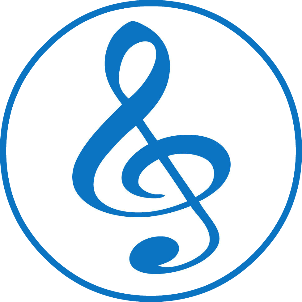 Blue musical note symbol on a white circular background with a blue border.