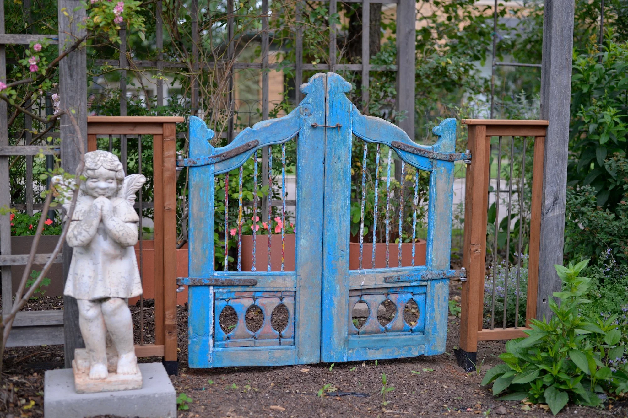 French Farmhouse Double Wooden Gate with Copper Rails