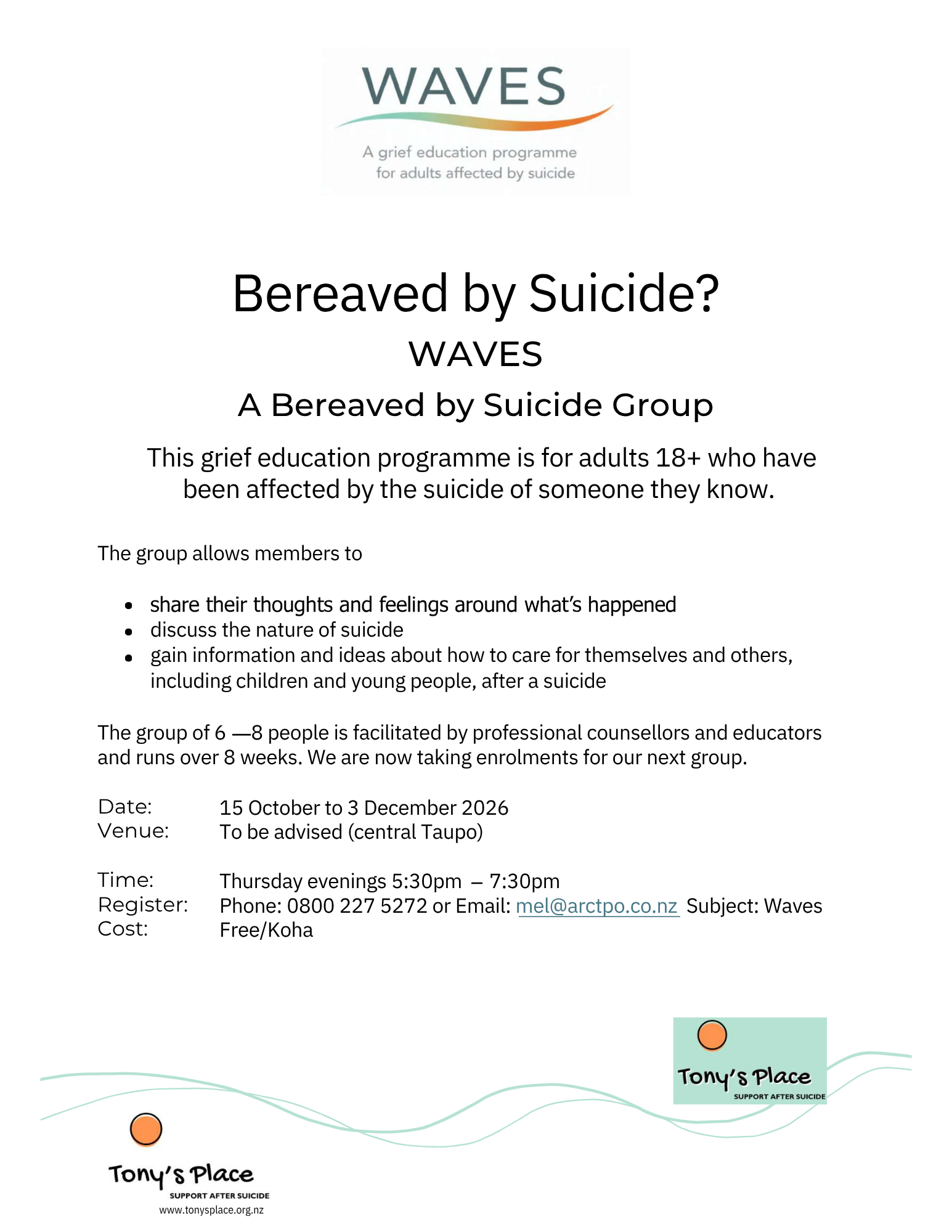 Waves - Bereaved by Suicide 8-week programme - 15th Oct to 3rd Dec