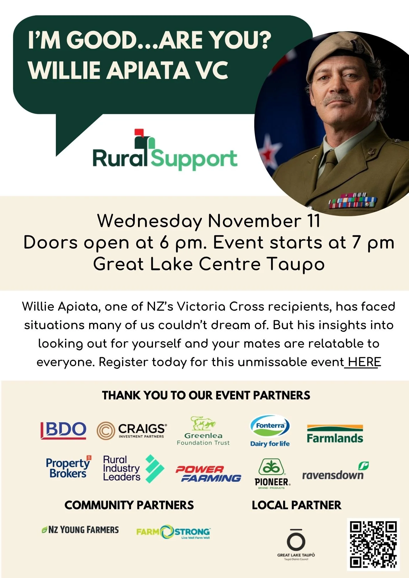 Rural Support presents Willie Apiata Event - 11th November