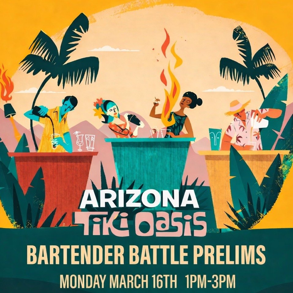 Public Free Event on Monday!!
Arizona Tiki Oasis Bartender Battle Prelim MONDAY March 16th 1pm-3pm at The Churchill (located in The Brill Line: 901 N 1st St  Phoenix) @thechurchillphx

Only FOUR can make it to the final round at Arizona Tiki Oasis 4/