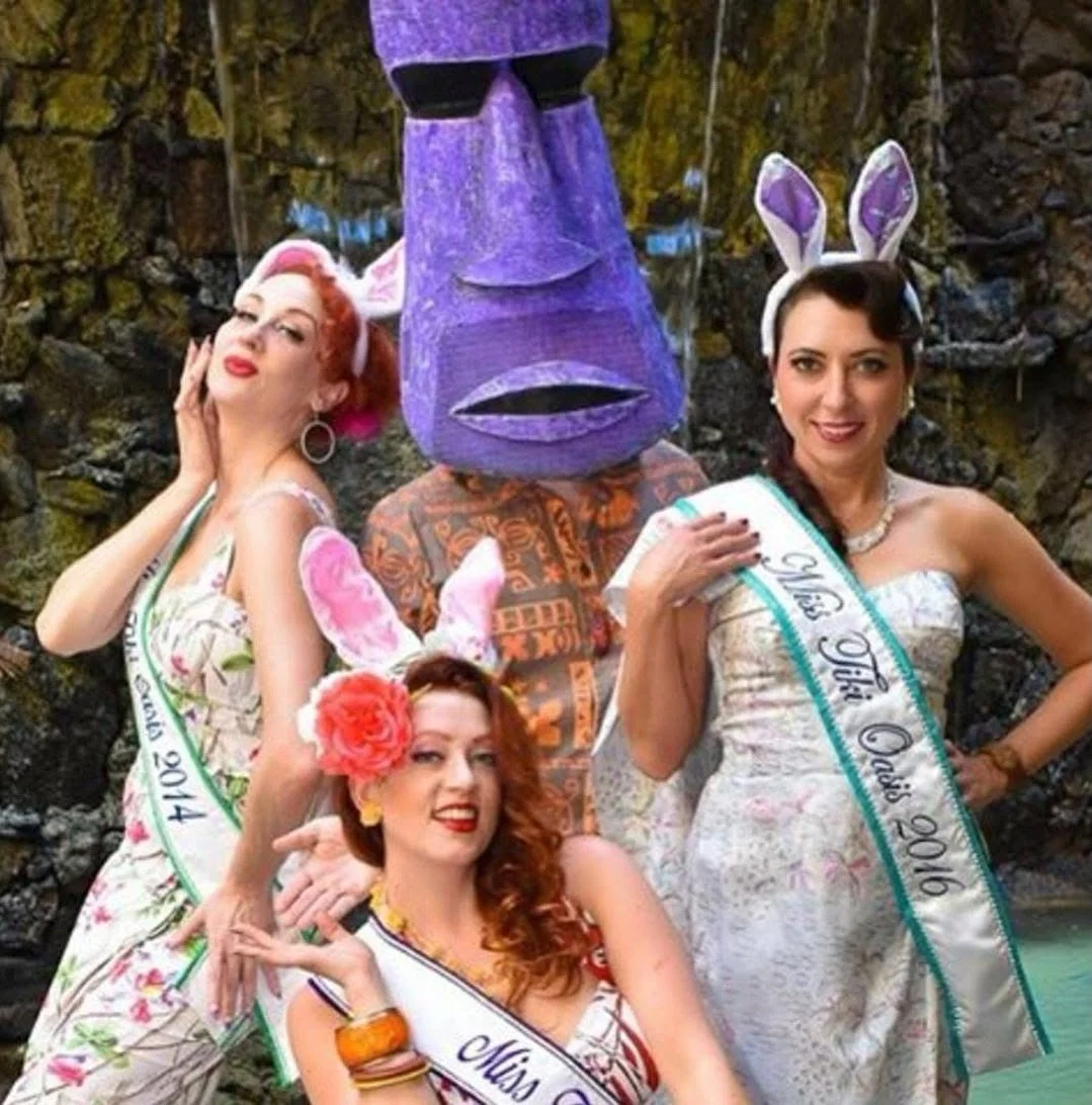 Happy Easter (Island) day from the Tiki Oasis Family! (photo by @albertinefeureryoung featuring Mister Tiki Head/Andrew Mcclain and Miss Tiki Oasis 2016, 2015, 2014!!) @sassystiletto @rubyjoule @joliegoodnight