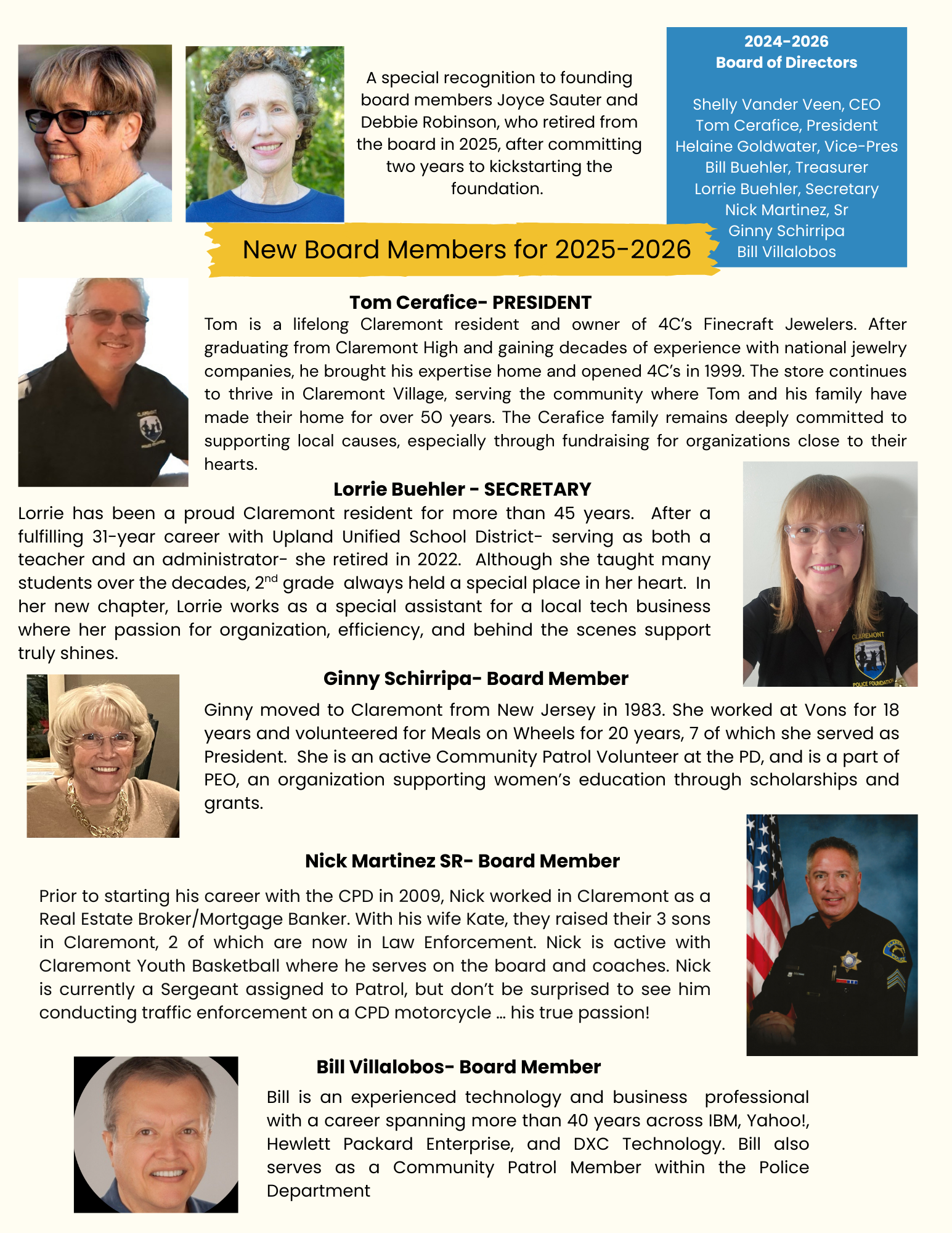 Board of directors for 2024-2026, including Shelby Vander Veen, Tom Cerafice, Shey Vander Veen, Debbie Robinson, Helaine Goldwater, Bill Buehler, Lorrie Buehler, Nick Martinez, Ginny Schirripa, and Bill Villalobos, along with portraits of these indiv