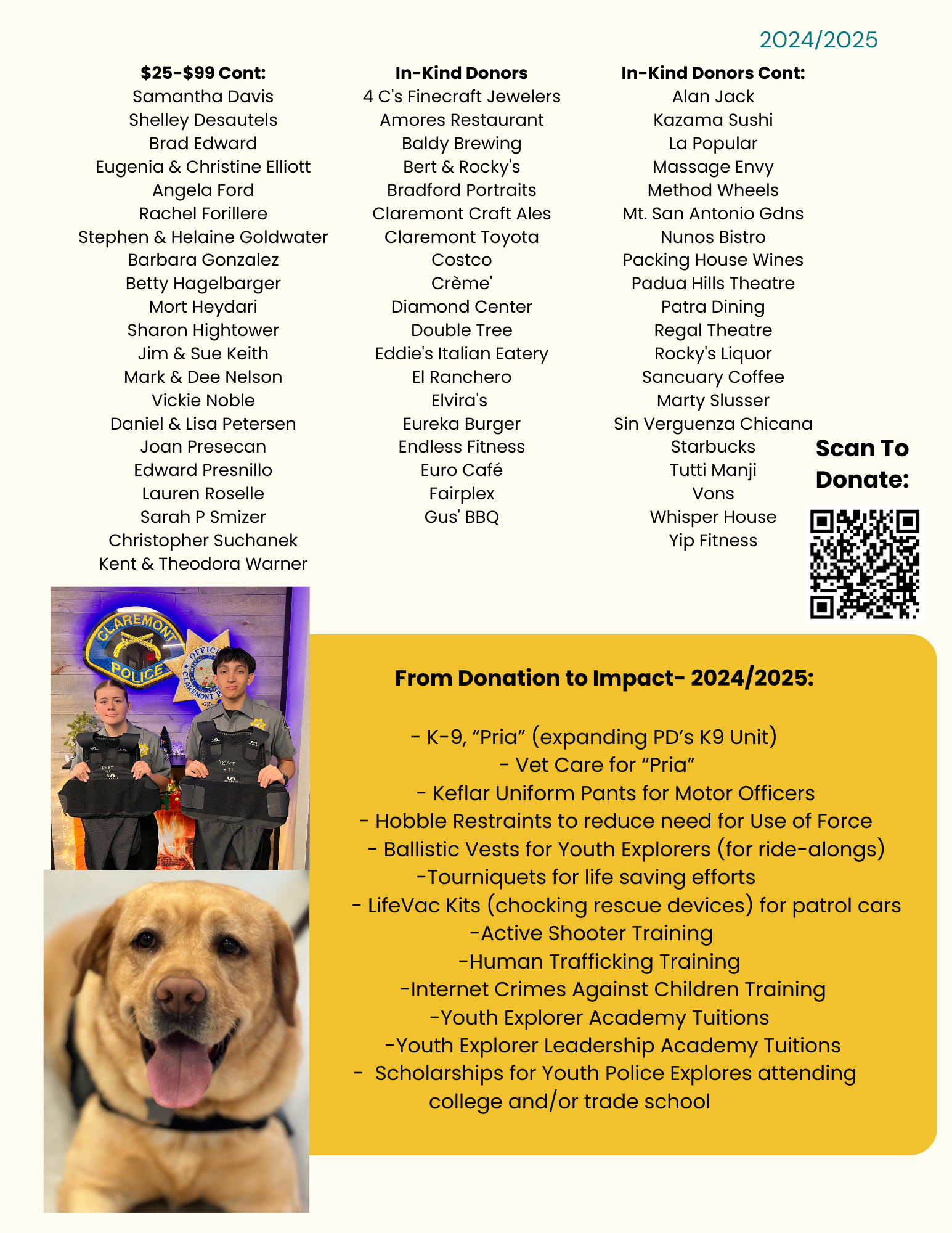 A donation flyer for Claremont Police Department featuring lists of community donors, images of a police officer and a service dog, a QR code for donations, and information on fundraising impact for 2024-2025.