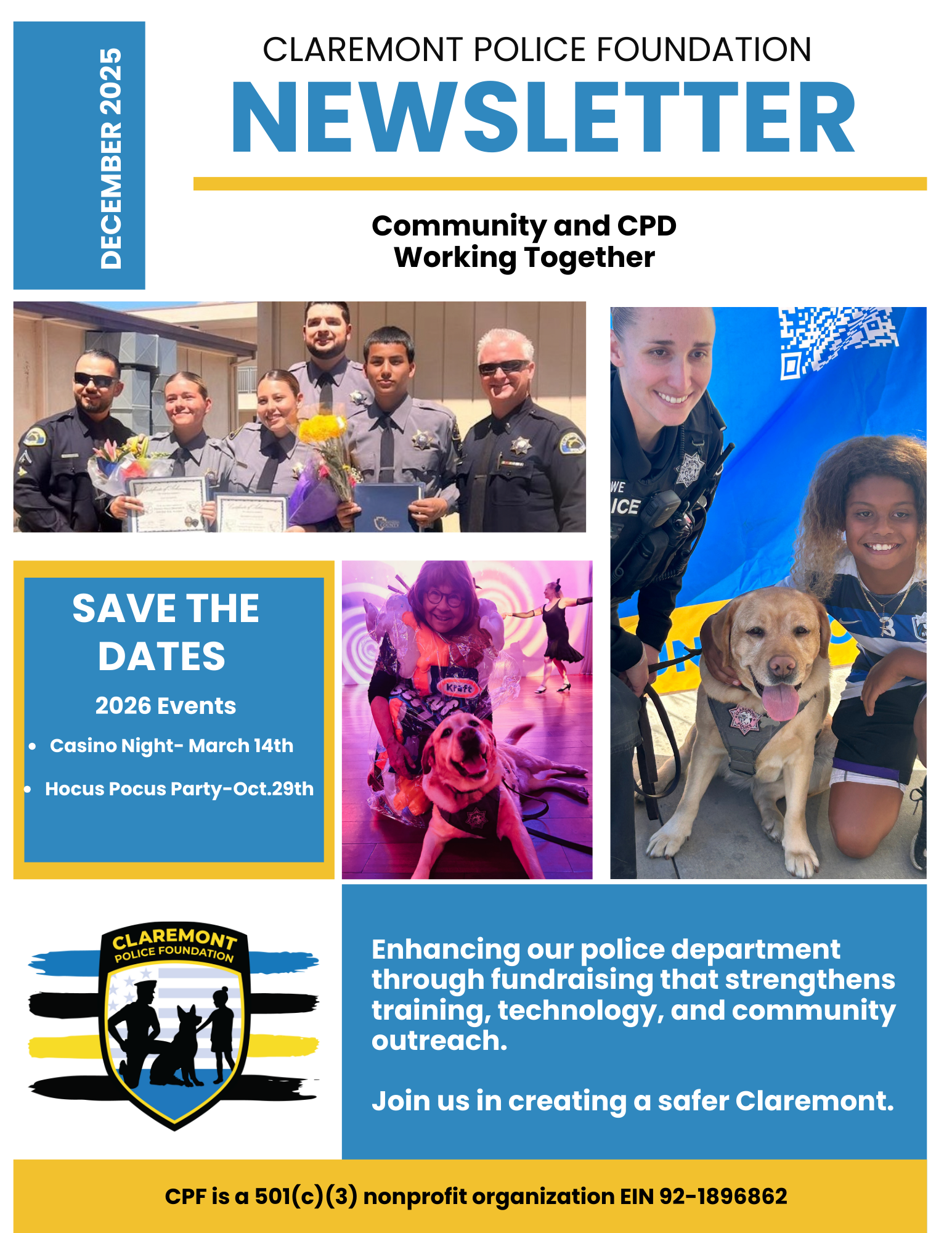 December 2025 Claremont Police Foundation newsletter cover featuring photos of police officers, community events, and fundraising details.