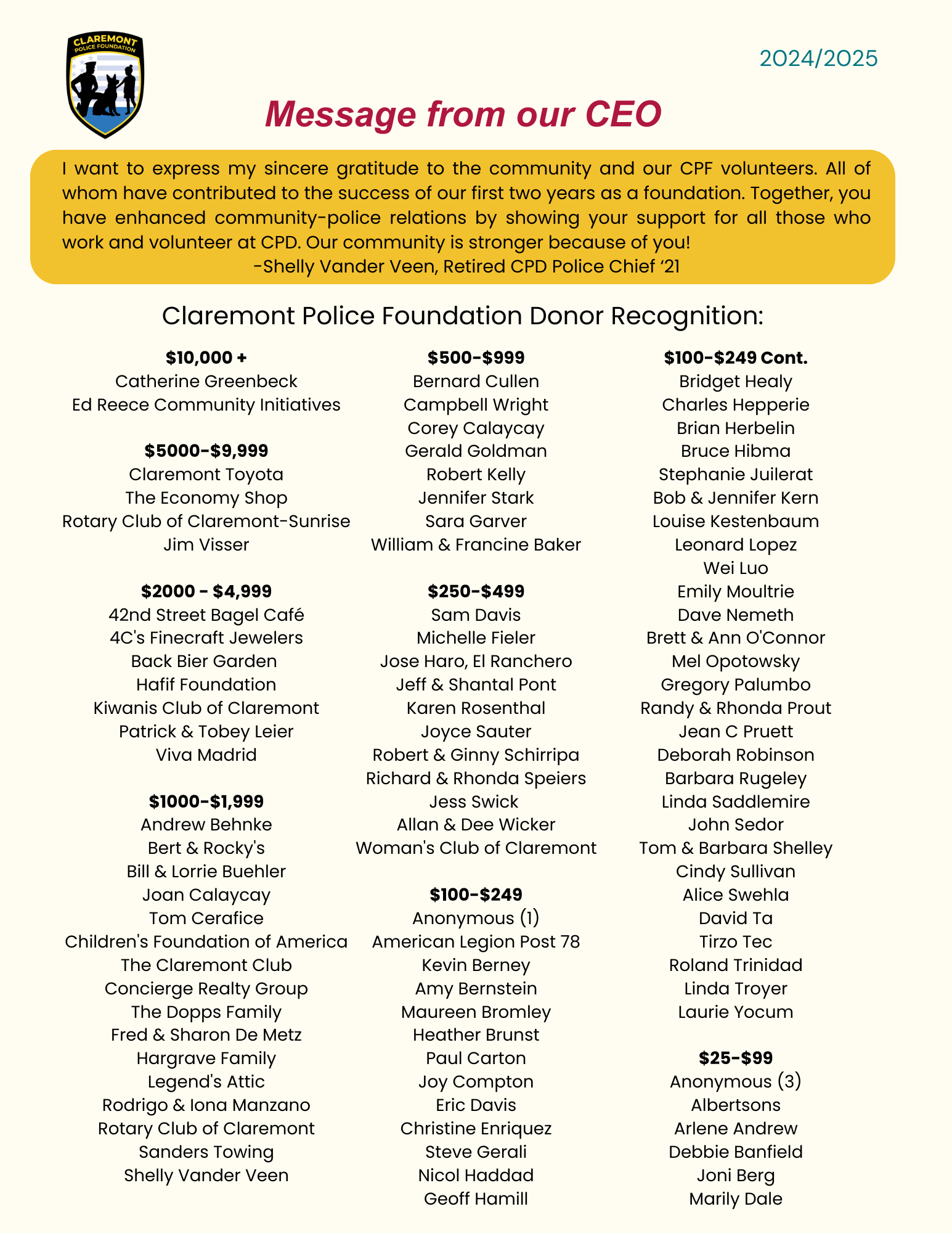 Charity donation recognition list for the Claremont Police Foundation, showing donor categories and names, with a message from the CEO at the top and the foundation's logo.