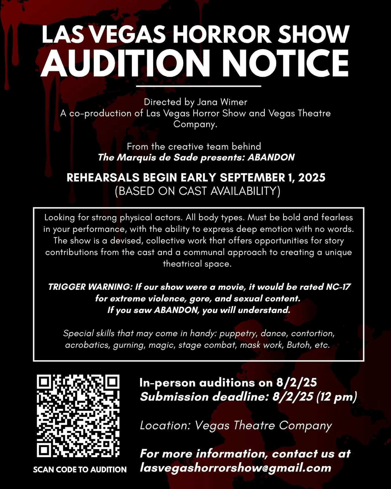 EDIT: For those of you auditioning tomorrow, the location changed. 
Elm Leaf
1025 S First St
#145
Down the hall from VTC. 

From the creative team behind ABANDON! A new Las Vegas Horror Show!

ABANDON was voted 🌟Best Shock Theater🌟 in the Best of V