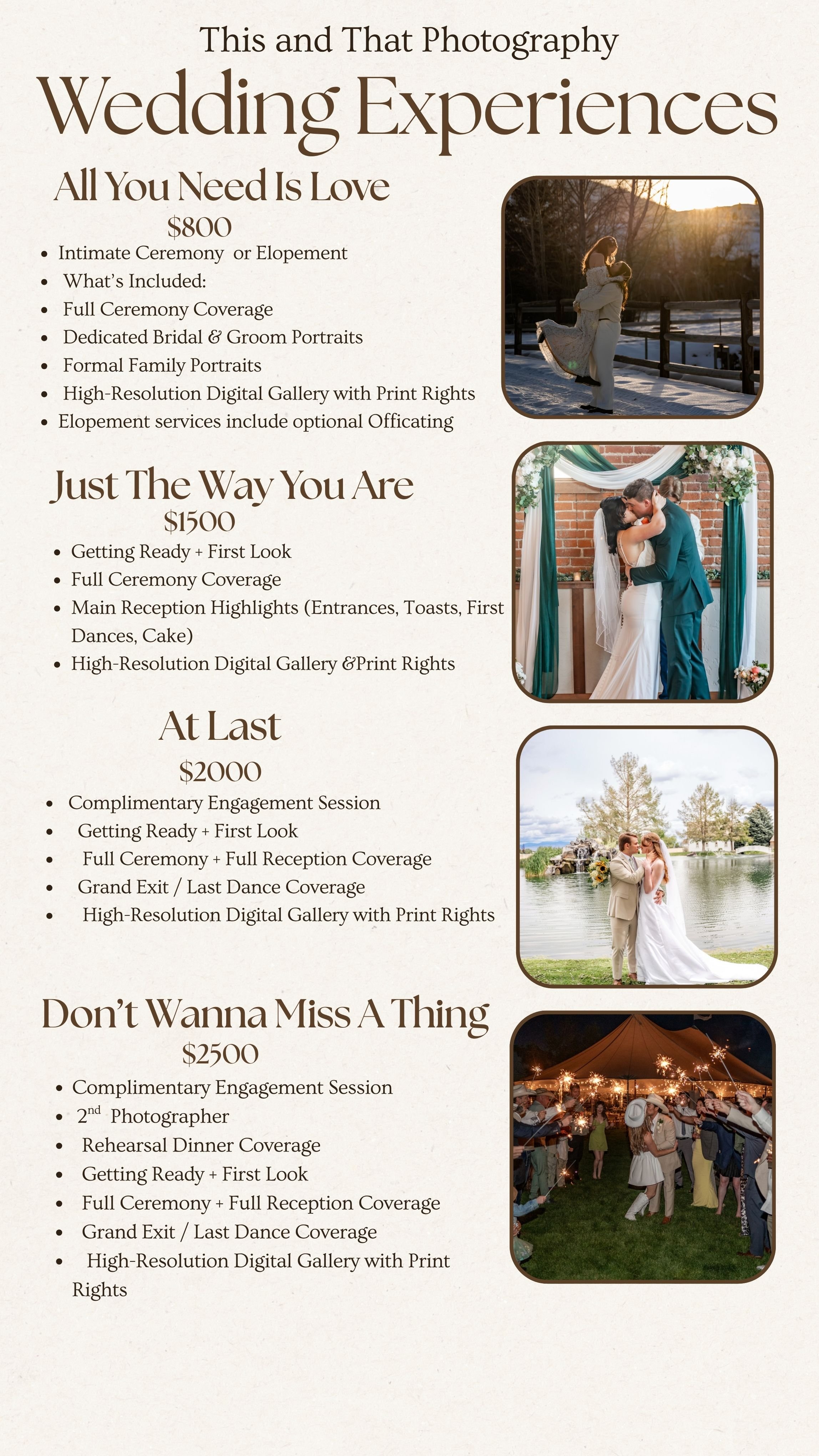 A flyer showcasing wedding photography packages with images of couples at different outdoor locations.