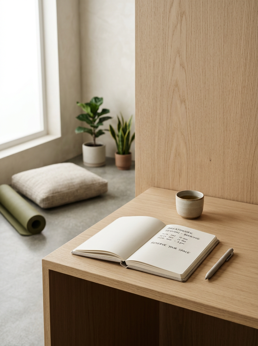 Open notebook on wooden desk with a pen and a ceramic cup. In the background, yoga mat, cushion, and potted plants near a window.