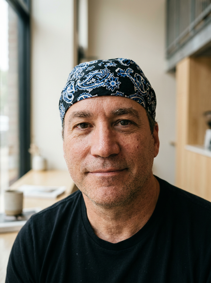 Close-up of a middle-aged man wearing a black bandana with blue and white paisley patterns, sitting indoors with a blurred background.