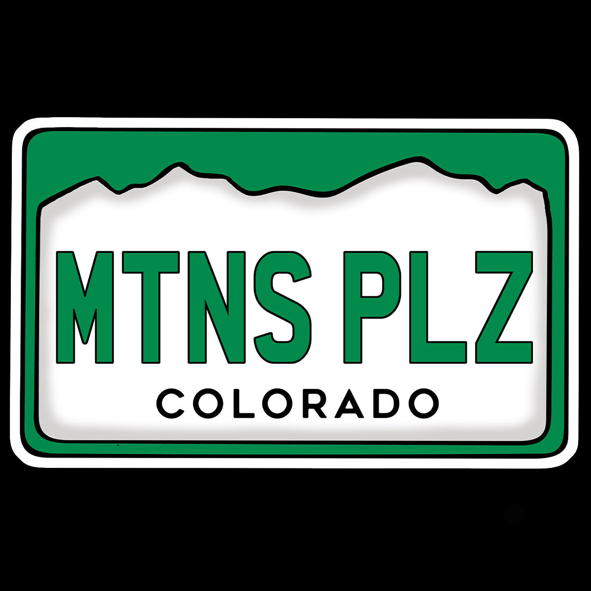 Green and white Colorado license plate design with "MTNS PLZ" mountains please and "COLORADO" text, featuring mountain silhouette.