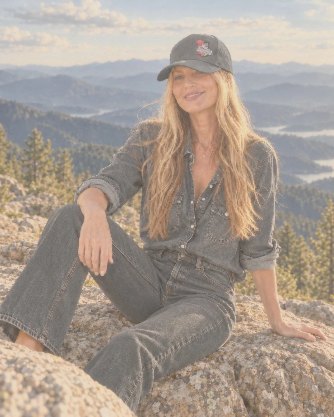 Paige Bronson in denim and a green cap, seated on granite above forested mountains and lakes