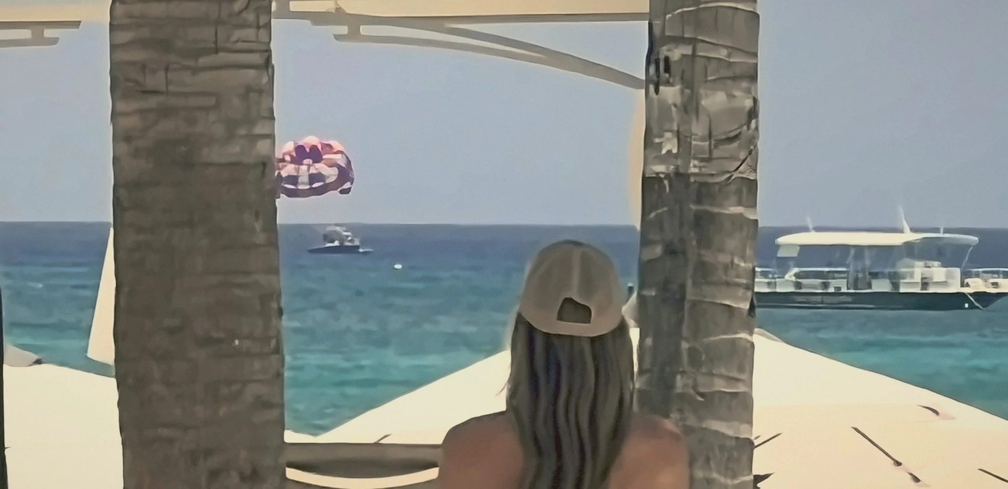 Paige looking out at a turquoise sea between palm trees