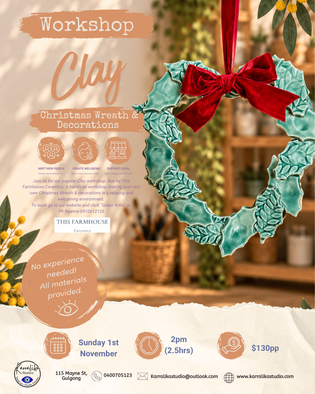 This Farmhouse Ceramics Christmas wreath and decorations workshop
