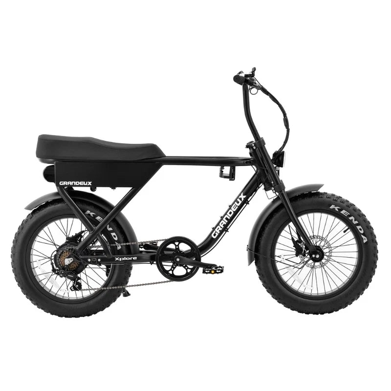 Vélo électrique tout-terrain noir avec grand pneus, cadre robuste, selle rembourrée, et guidon incliné.