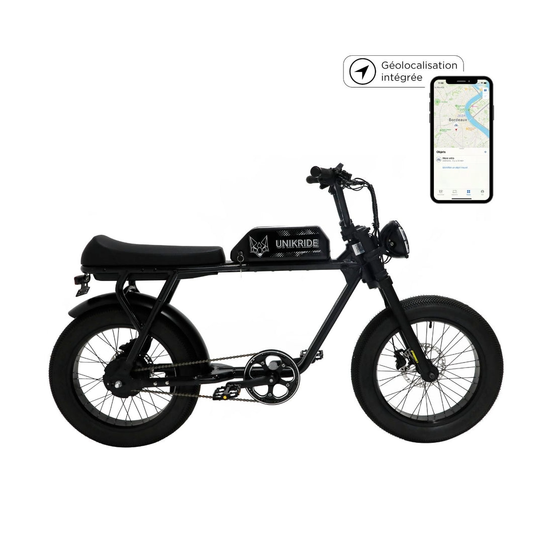 Vélo électrique noir avec batterie, affichant un logo UNIKRIDE, connecté à une application de géolocalisation sur un smartphone.