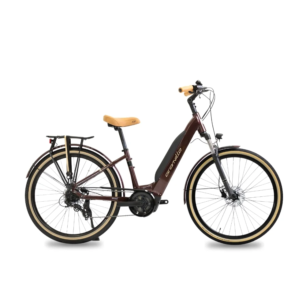 Vélo électrique avec cadre marron, selle et poignées en bois, pneus à flancs beiges, porte-bagages arrière, et le mot 'Gravelle' écrit sur le cadre.
