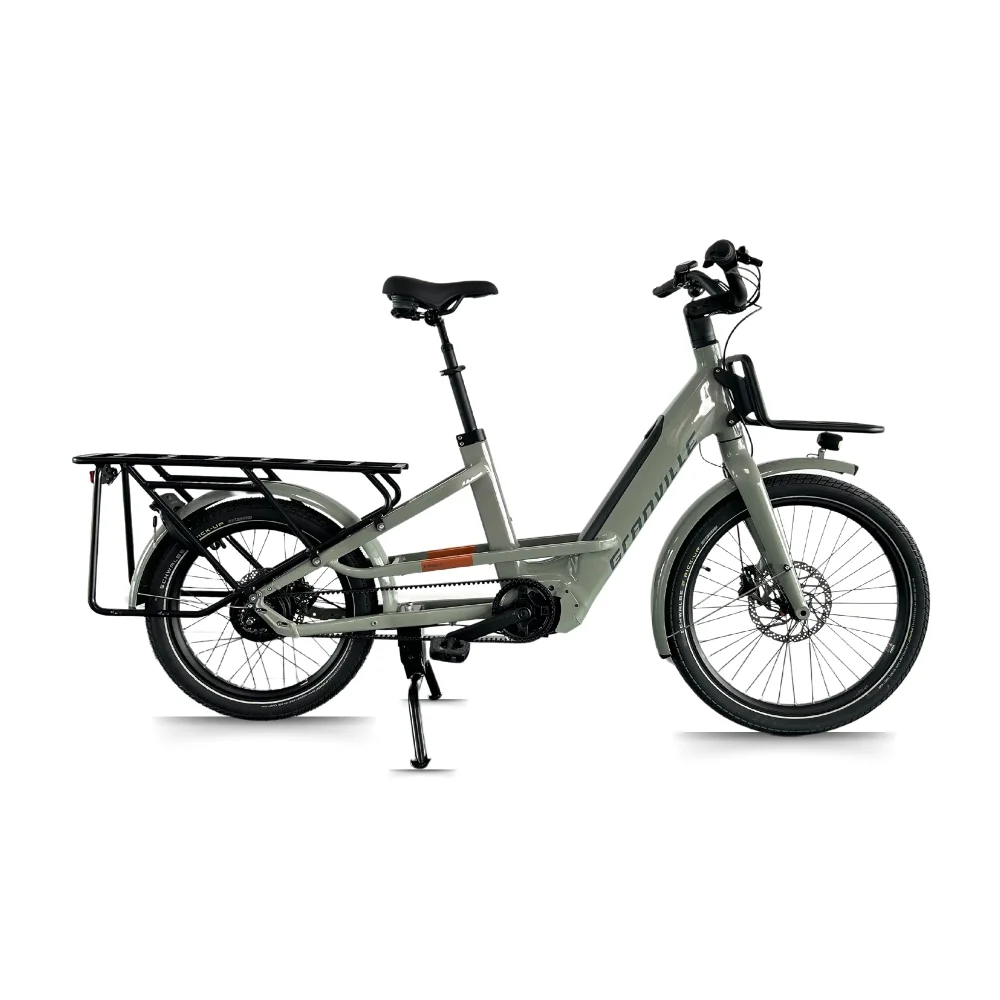 Vélo électrique gris avec porte-bagages arrière et suspension.