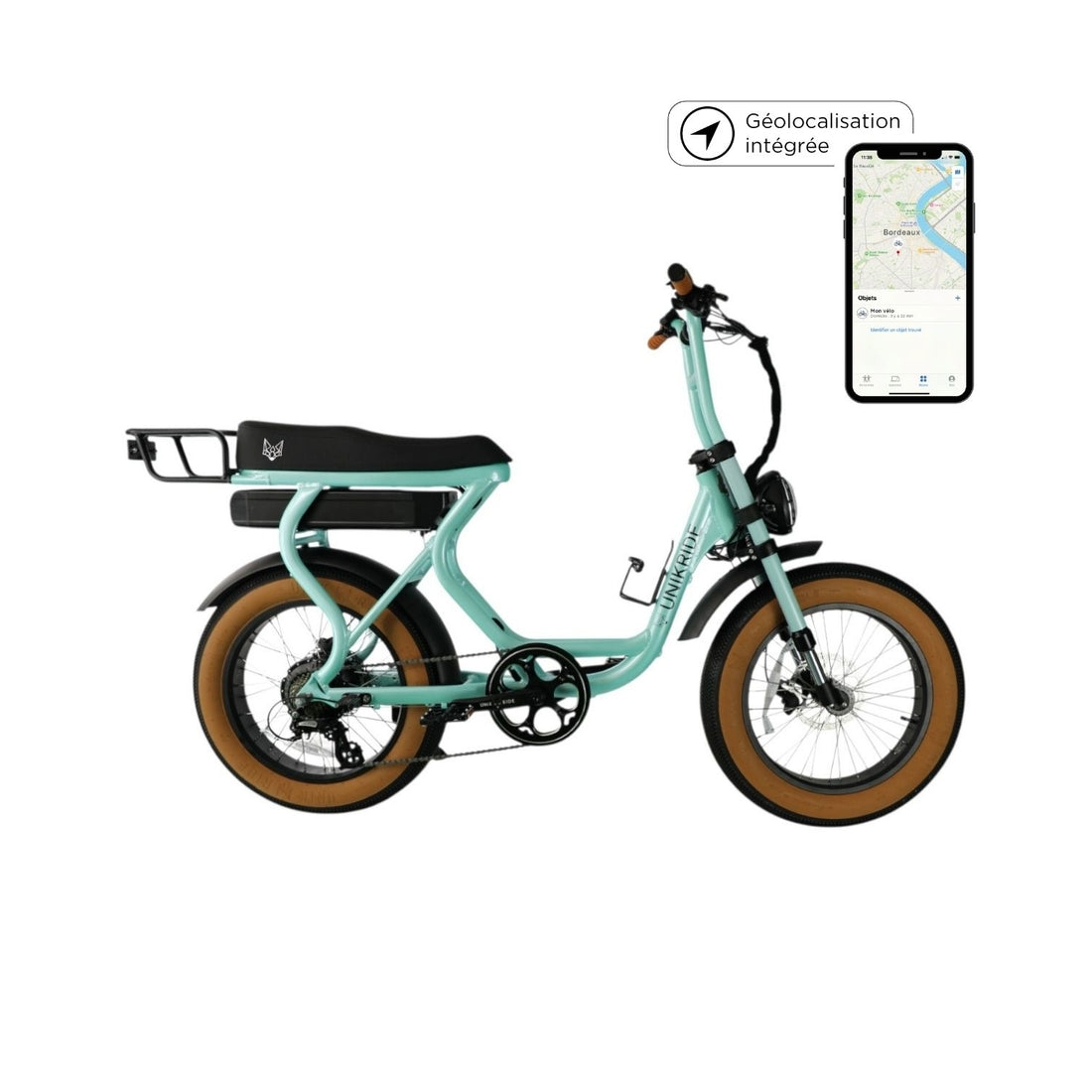 Vélon électrique vert avec panier, affichant une carte de Bordeaux sur un smartphone et une indication de géolocalisation intégrée.