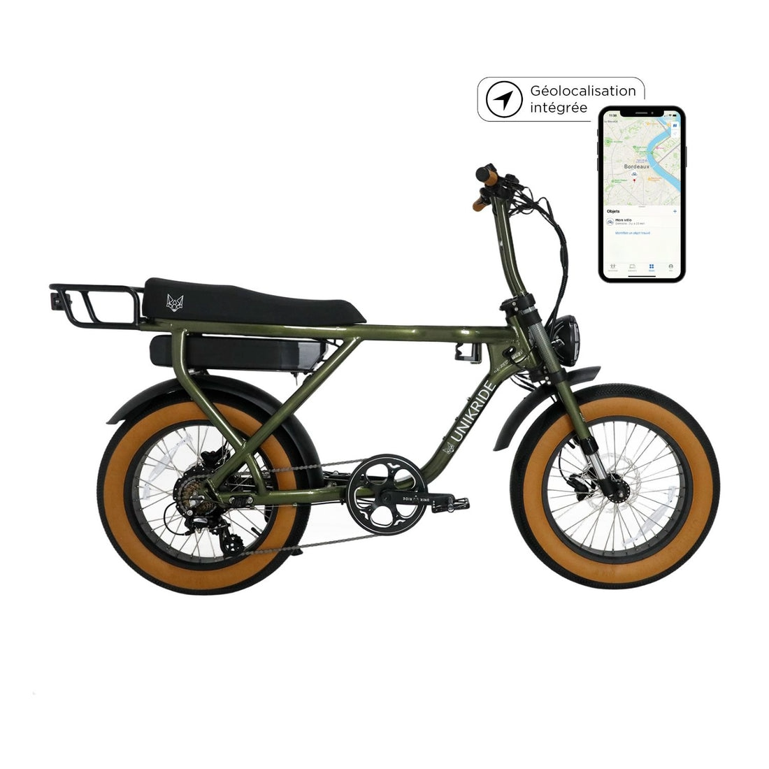 Vélo électrique avec une tablette affichant une carte de Bordeaux, équipé d'un système de géolocalisation intégré.