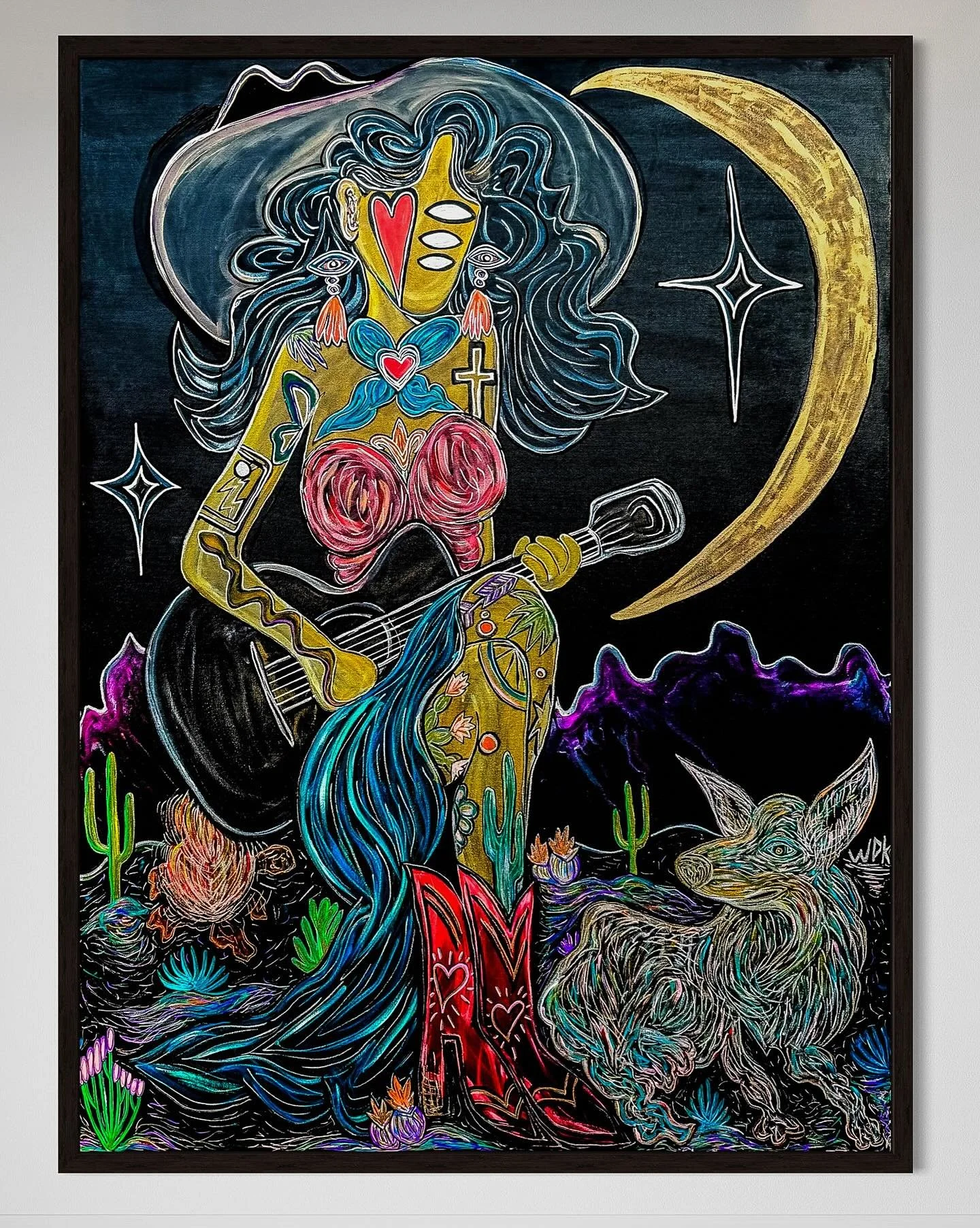 &ldquo;Siren of the Sage&rdquo;
36x48 Custom Wood Framed 

I really love this piece, gazed over it for days before posting for sale. The silver and gold metallics are so beautiful and I love the dark desert siren, coyote &amp; campfire 🖤🌵 DM for mo