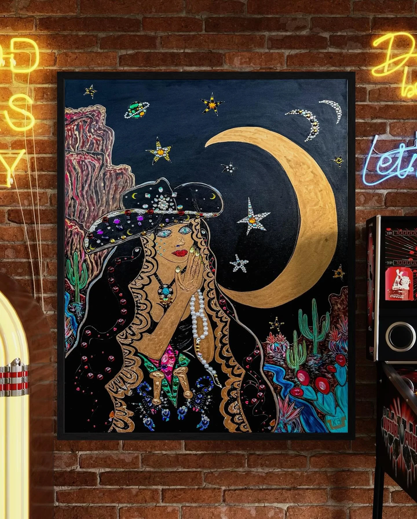 New Piece! ⭐️

&ldquo;Rhinestone Reverence&rdquo; 🖤💎

🖼️ 36x48&rdquo;

Totally bedazzled in cacti, moons, veil, scorpions, prayer beads &amp; bolo ties&hellip;💎✨