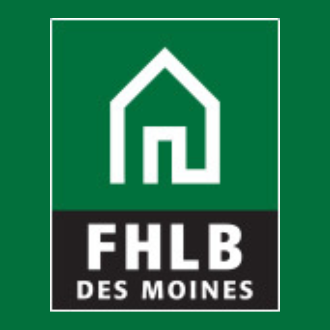 Logo of the Des Moines Firefighters Local 4 union, featuring a white outline of a house on a green background and the text "FHLB DES MOINES" below.