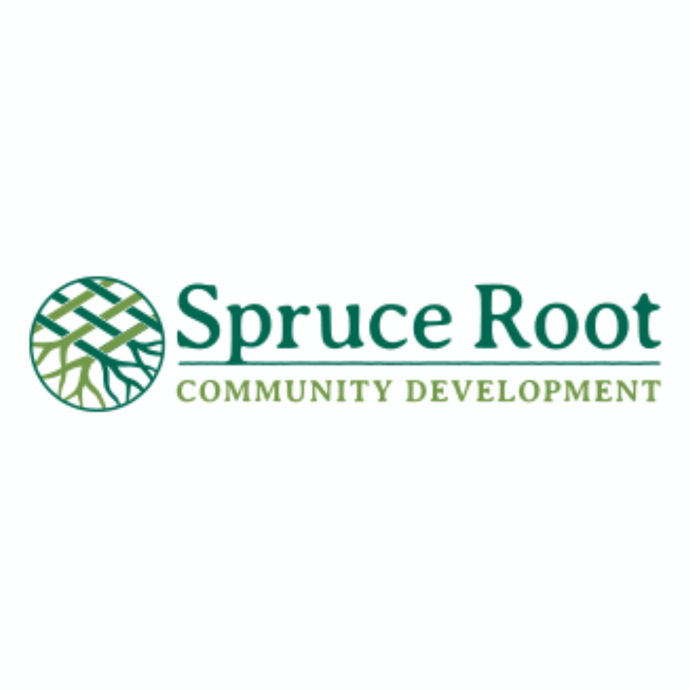 Logo for Spruce Root Community Development featuring a green circular tree design and text in green and dark green.