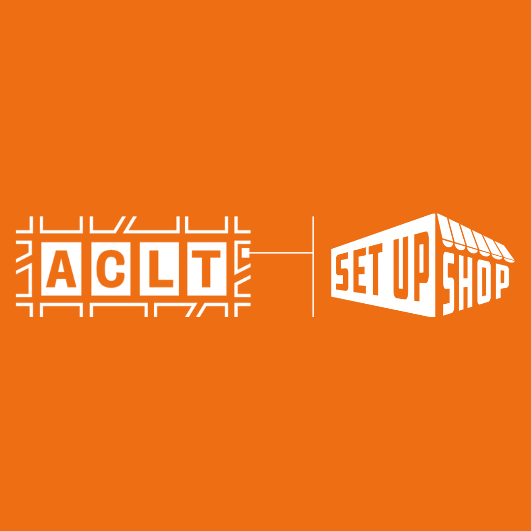 Logo with the text 'Act', 'Set Up', and 'Shop' on an orange background.