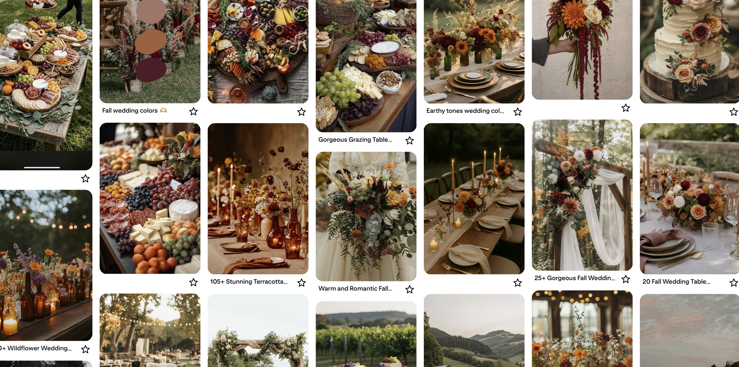Collage of outdoor wedding decor, featuring floral arrangements, tables set with candles, and fall-themed decorations.