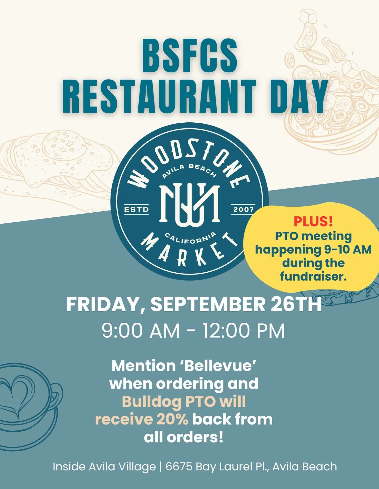 Updated flyer! Rise and shine! Please join us this Friday, September 26th, for breakfast at Woodstone Market (9:00-12:00). Head down the street after drop off and stay for the PTO meeting, 9:00-10:00. Can&rsquo;t stay for the meeting? No worries! Ple