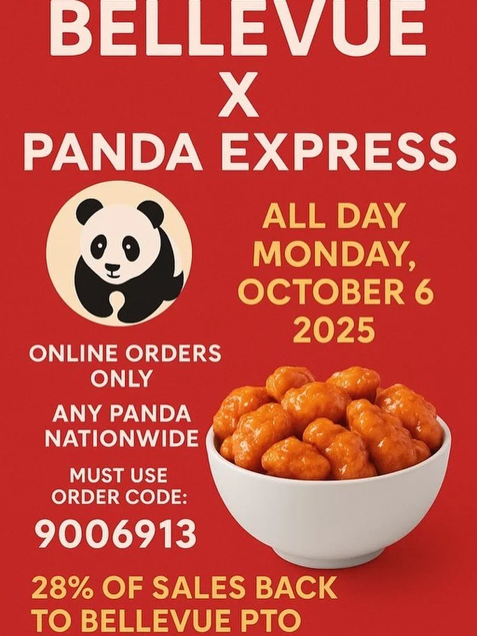 ✨🐼 Bellevue x Panda Express Fundraiser &ndash; Monday, October 6th! 🐼✨

Who wants to cook on a Monday?! Not us! 🍜🥡 Invite your family, friends, out-of-state cousins, grandma, grandpa &ndash; everyone you know &ndash; to join in supporting Bellevu