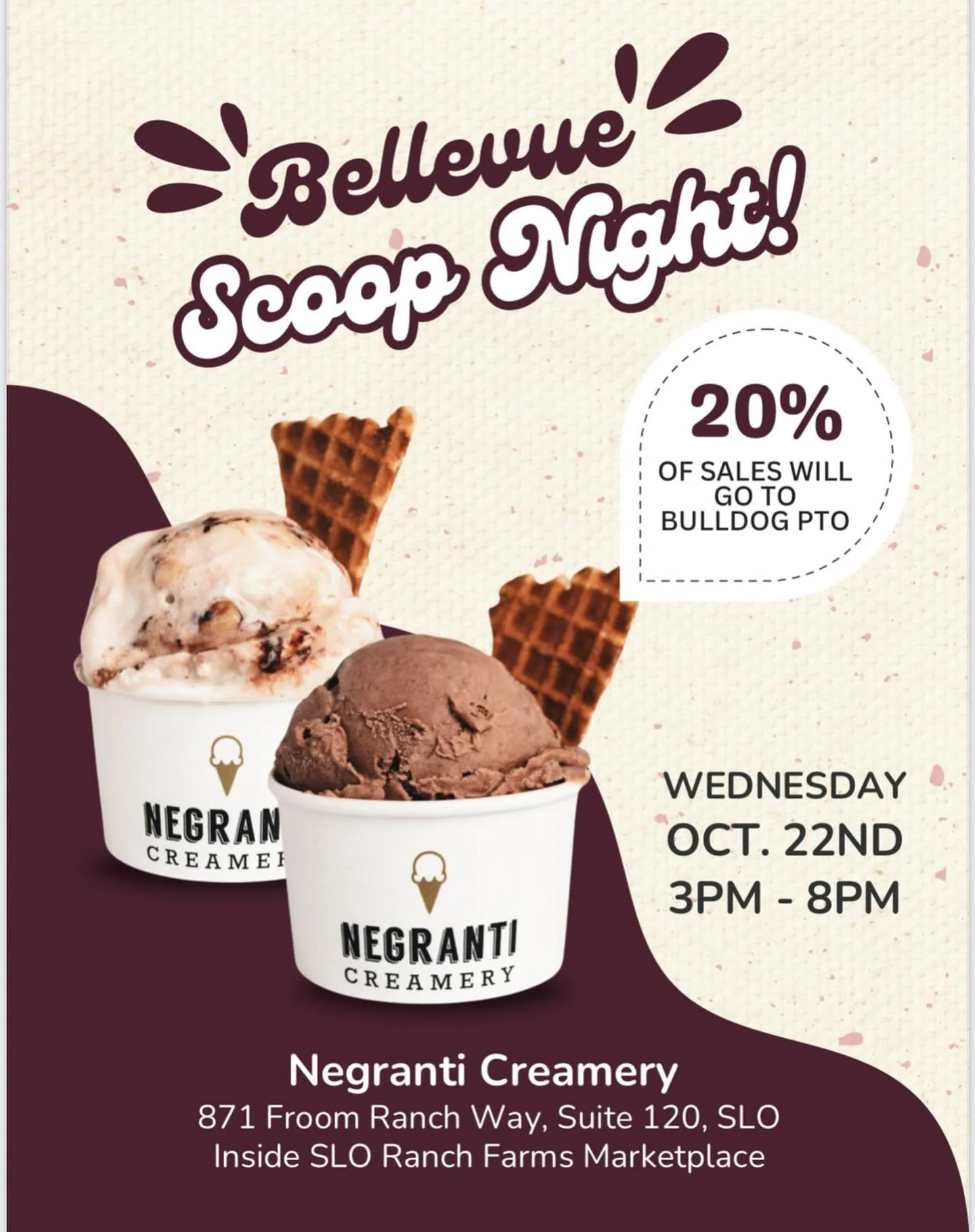 Join us for a sweet treat on Wednesday, October 22nd, and help raise funds for Bellevue&rsquo;s PTO at the same time! Stop by Negranti Creamery at SLO Ranch Farms from 3-8 pm. Thank you to @negranticreamery for hosting us! We&rsquo;ll see you there! 
