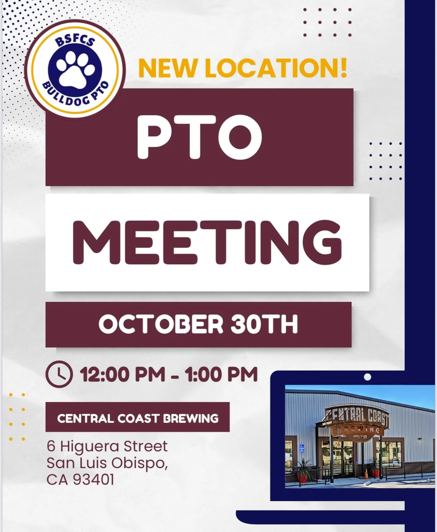 Please join us Thursday, October 30th, for our October PTO meeting at Central Coast Brewing from 12:00-1:00! Grab some lunch &amp; find out how you can help the BSFCS PTO! Please note that this is a location change from what was previously shared. Th