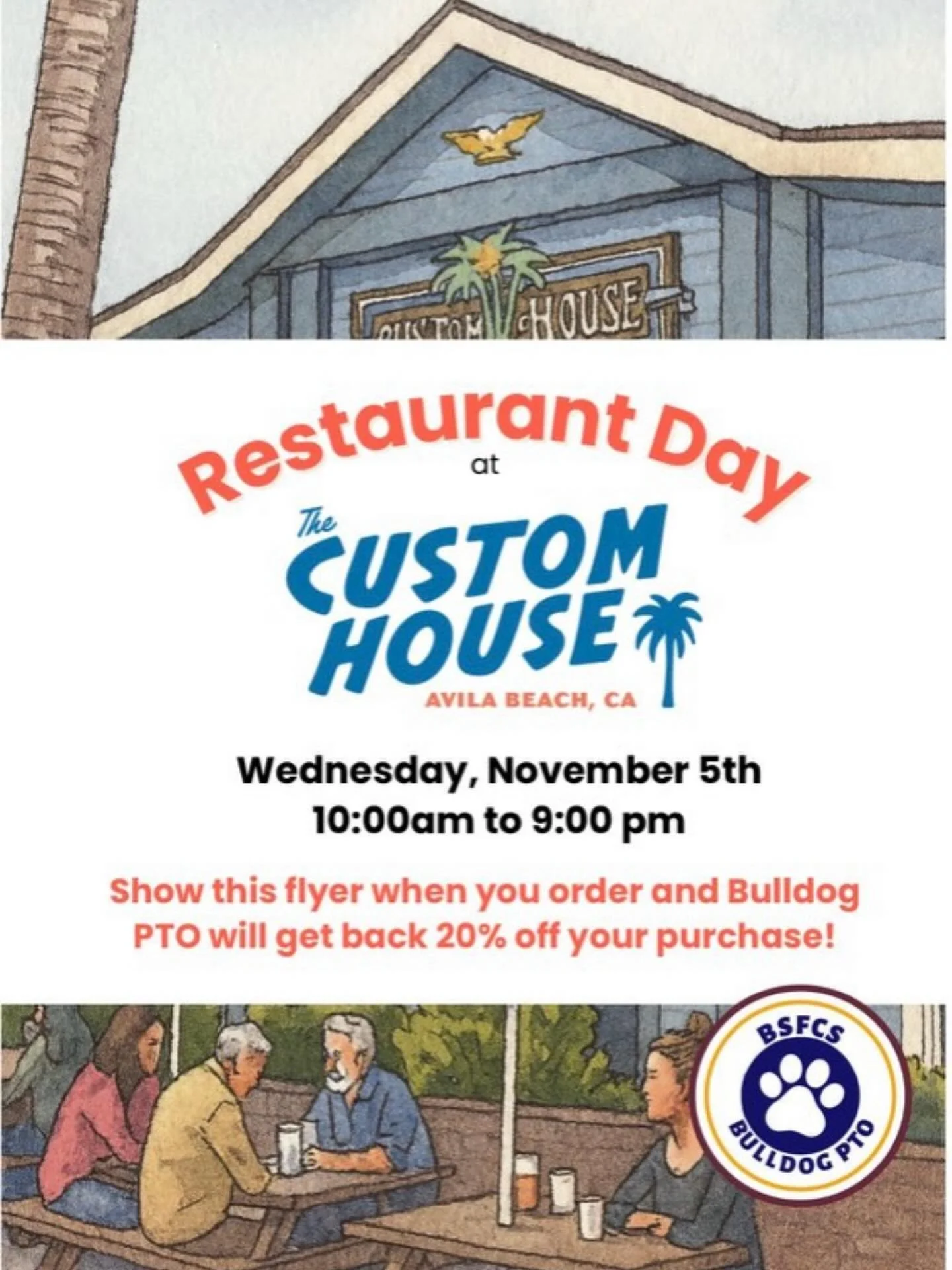 Bellevue&rsquo;s PTO is teaming up with Custom House for a school fundraiser Wednesday, November 5th! We&rsquo;ll be handing out flyers in front of school &mdash; make sure to grab one! Please bring the physical flyer and hand it to your server when 