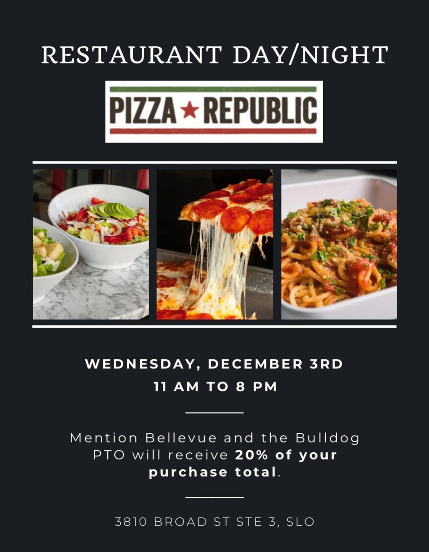 Coming up! Enjoy a delicious lunch or dinner at Pizza Republic while supporting BSFCS! Mention &ldquo;Bellevue&rdquo; and our PTO will earn 20% of your total. Thank you @pizza.republic.slo for helping our school!