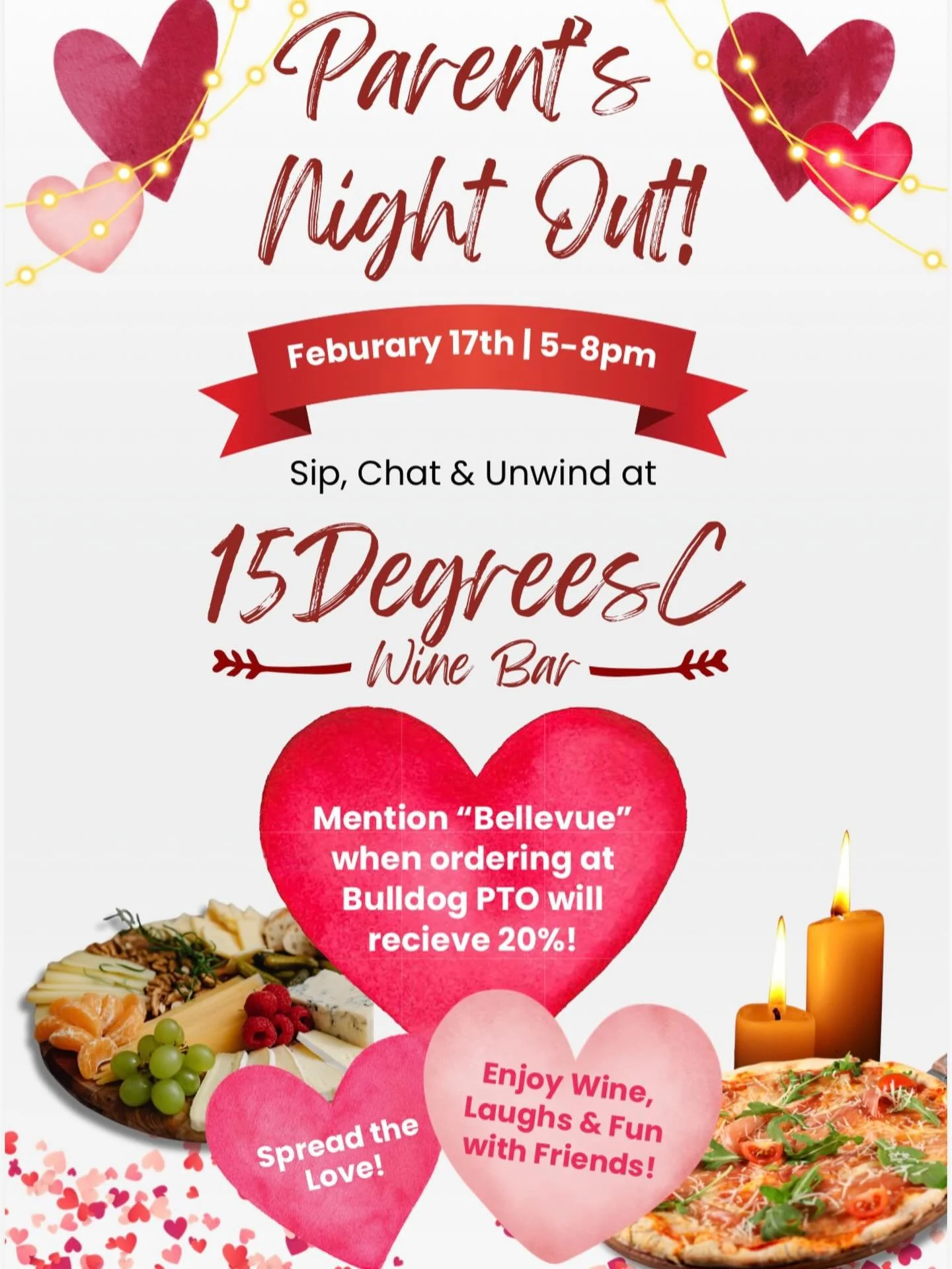 Please join us and spread the love at our next PTO restaurant night at 15 Degrees C! Sip, laugh, and indulge at this very special Parent&rsquo;s Night Out event. Thank you to @15degreesc for hosting us!