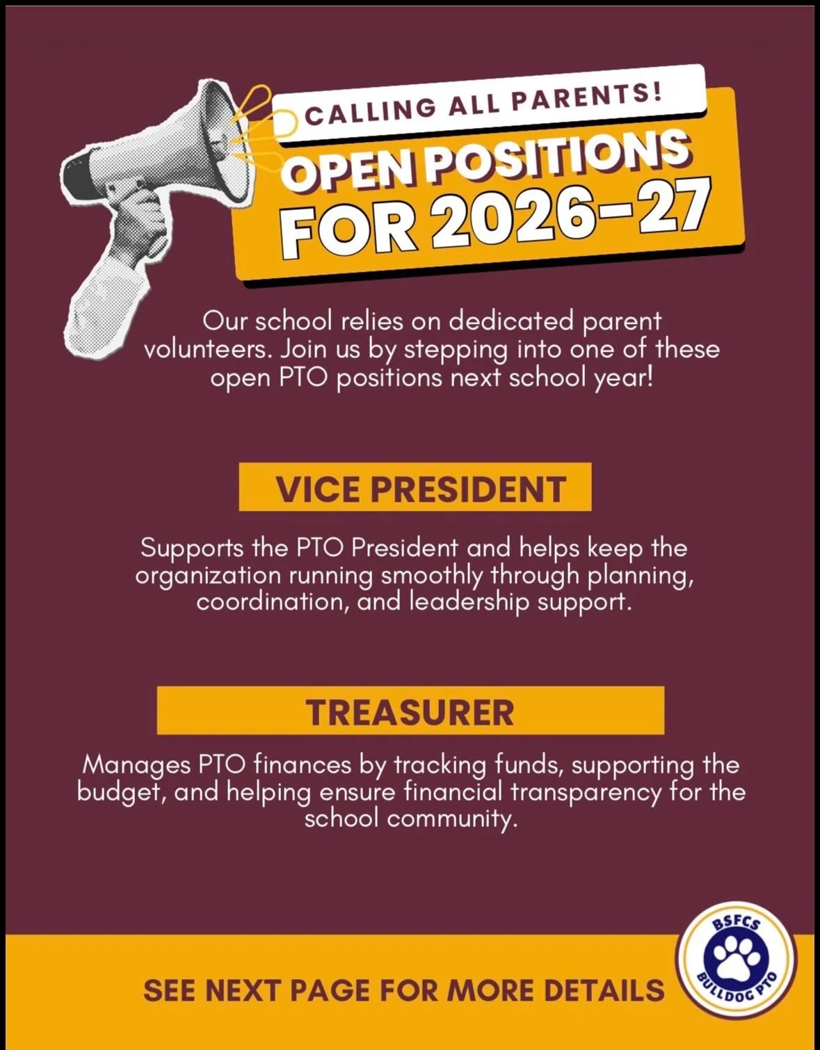 📣 We need you!!! Are you looking to participate in the PTO next school year?? BSFCS will have two open PTO positions for the 2026-2027 school year. Interested? Please email pto@bsfcs.org for more info. Get involved and help our school!