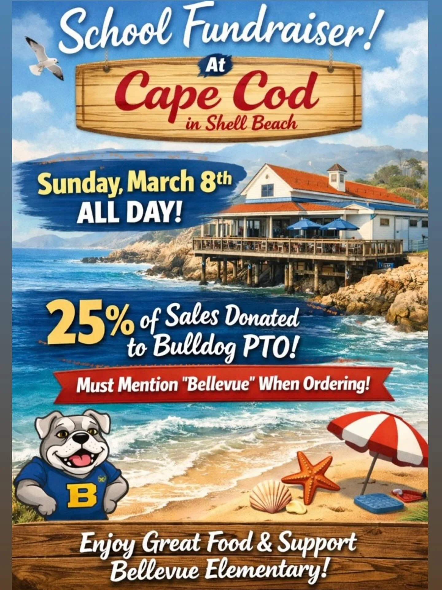 Join us this Sunday for a PTO fundraiser at Cape Cod Restaurant in Shell Beach. This is an all day affair, so meet us for lunch or dinner - or maybe both! Don&rsquo;t forget to mention &ldquo;Bellevue&rdquo; at checkout! Thanks to @oldsloatthecape fo