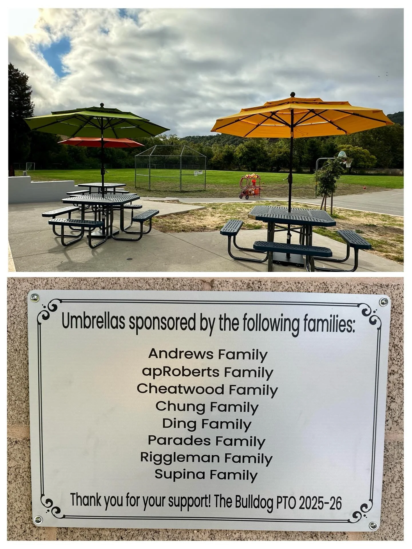 The Bulldog PTO would like to thank the families who generously supported our lunch table umbrellas outside of Orange Forum. Our students love the extra shade while enjoying lunch on our beautiful campus! The funds raised during the Annual Fundraiser