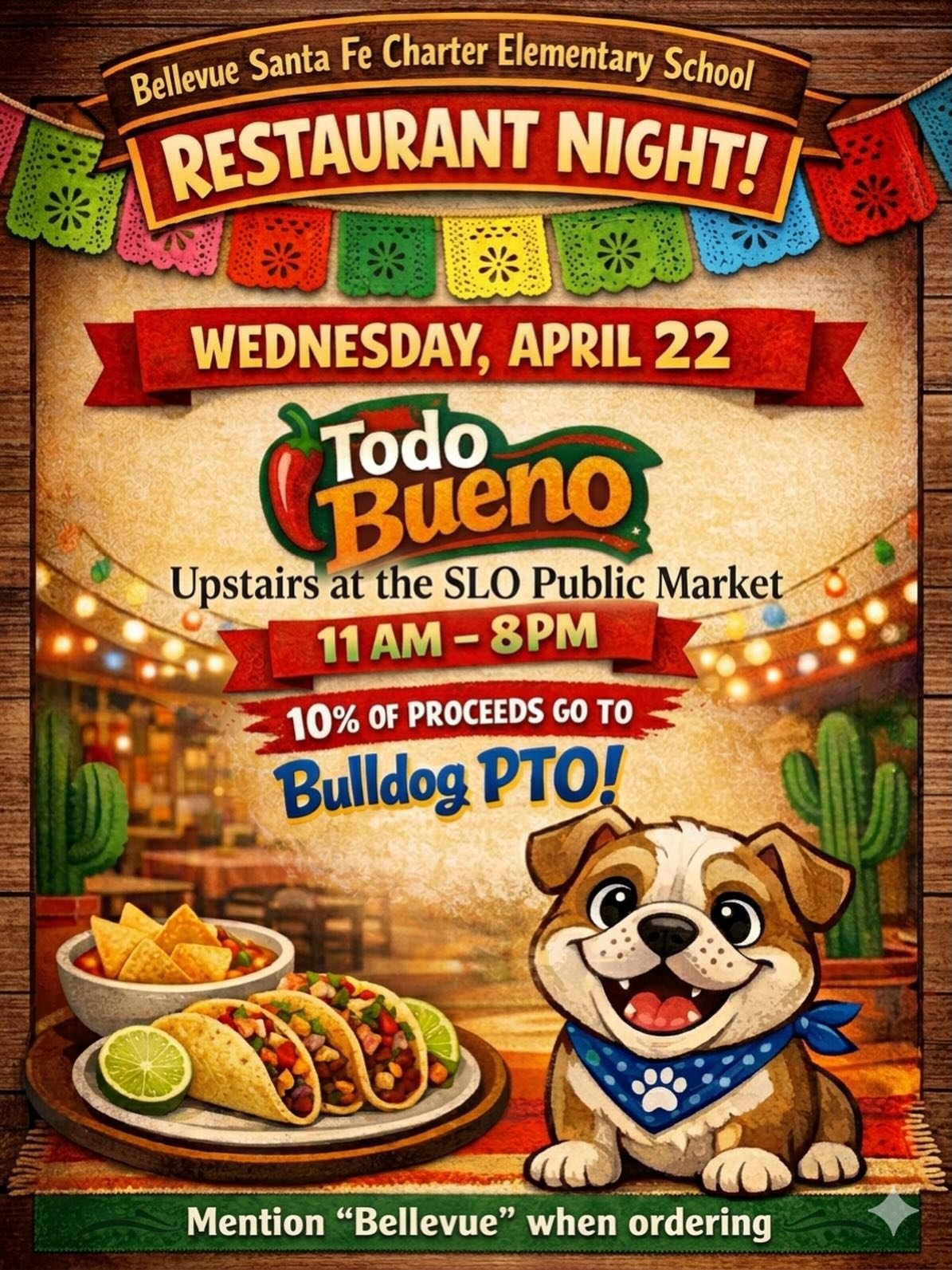Join us for some delicious Mexican food and help support the PTO! Come have dinner at Todo Bueno on April 22nd from 11:00-8:00 and 10% of proceeds will go to our school. Thank you to @todobuenoslo for the support! See you there!