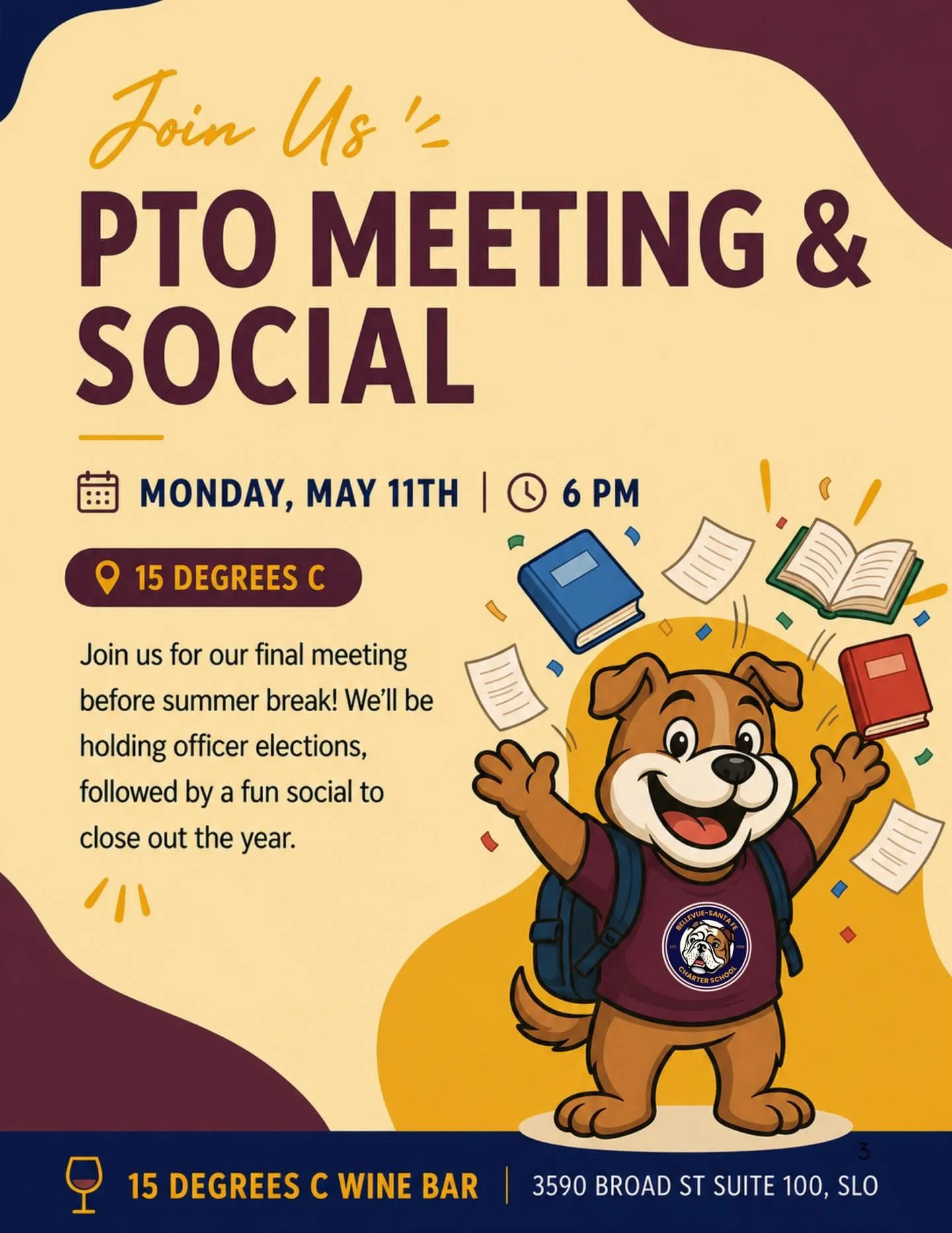 Last PTO meeting of the school year at 15 Degrees C Wine Bar! Please join us May 11th for officer elections and help us close out a wonderful year! Thank you to @15degreesc for hosting us!