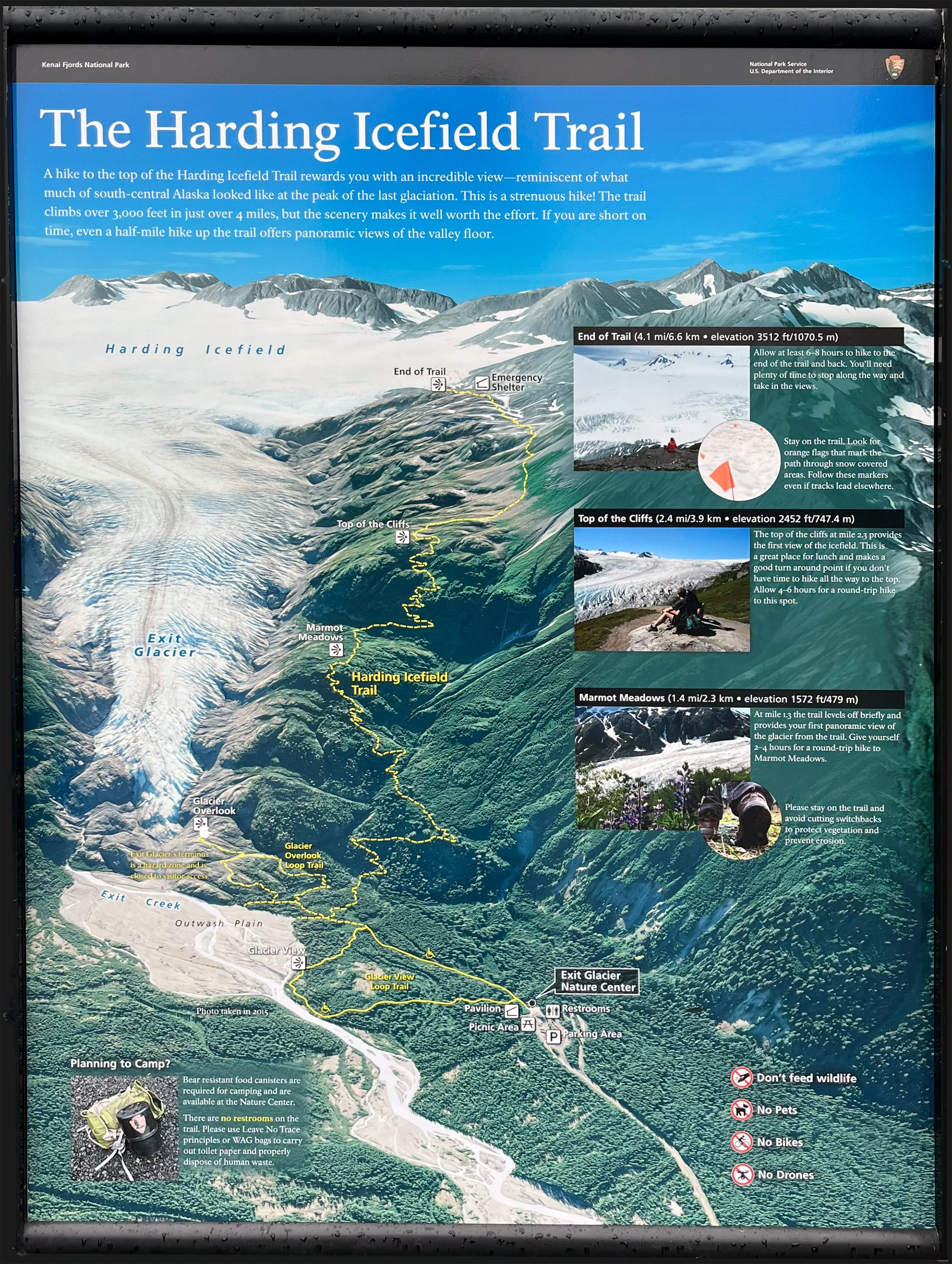The Harding Icefield sits within the Kenai Fjords National Park in south central Alaska. It’s 700 square miles is the home to many glaciers including the Exit and Wolverine glaciers. The ice is approximately 23,000 years old and has a maximum dept of